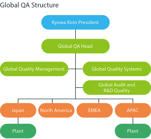 The global Quality Assurance function has been arranged so that the Global Quality Head directly to our Company President. The Global Quality Head directly oversees all Quality Assurance activities in each region including Japan, North America, EMEA and APAC as well as all Global QA functions. Regional QA groups work very closely with the global functions with high expertise to ensure the Quality Assurance and a management supervision structure which is globally consistent. 