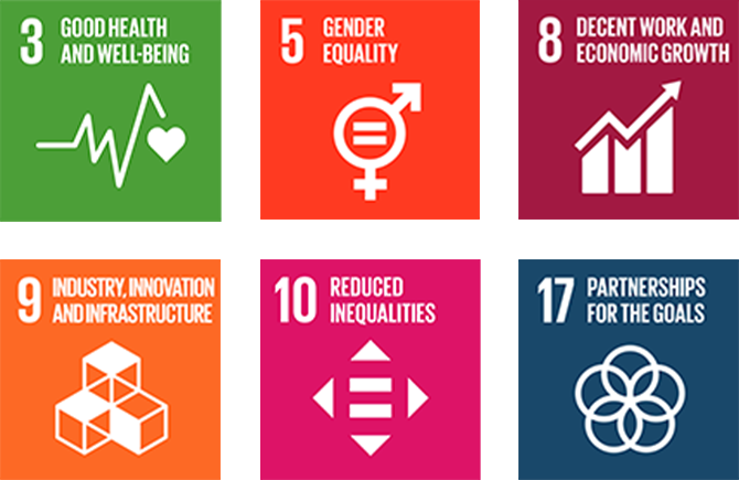 3. SDGs logo, Good Health and Well-Being 5. SDGs logo, Gender Equality 8. SDGs logo, Decent Work and Economic Growth 9. SDGs logo, Industry, Innovation and Infrastructure 10. SDGs logo, Reduced Inequalities 17. SDGs logo, Partnerships for The Goals