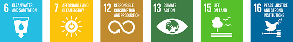 6. SDGs logo, Clean Water and Sanitation 7. SDGs logo, Affordable and Clean Energy 12. SDGs logo, Responsible Consumption and Production 13. SDGs logo, Climate Action 15. SDGs logo, Life on Land 16. SDGs logo, Peace, Justice and Strong Institutions